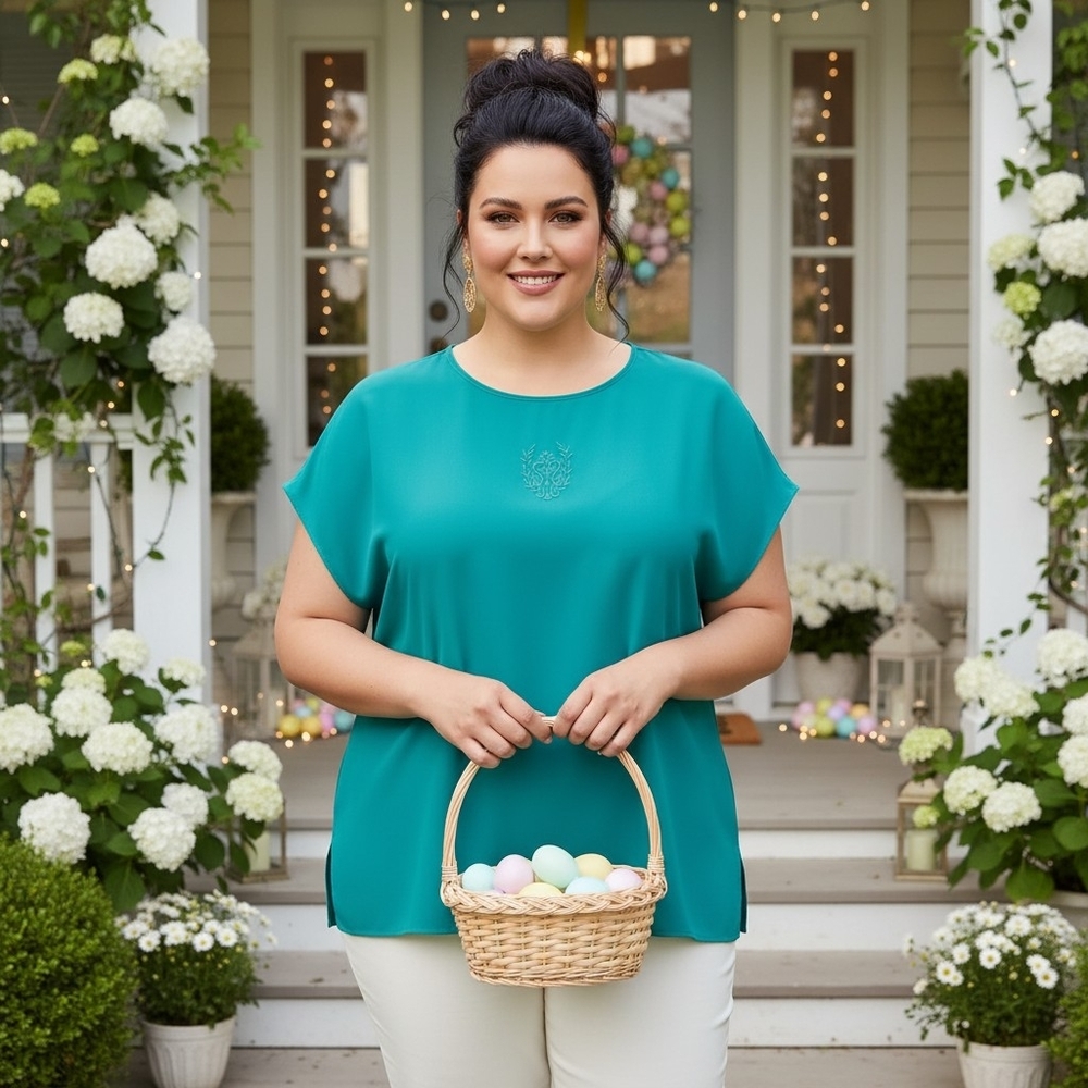 Joanna Plus Teal Garden Breeze Embroidered Leaves Accent Tunic – Size 18W